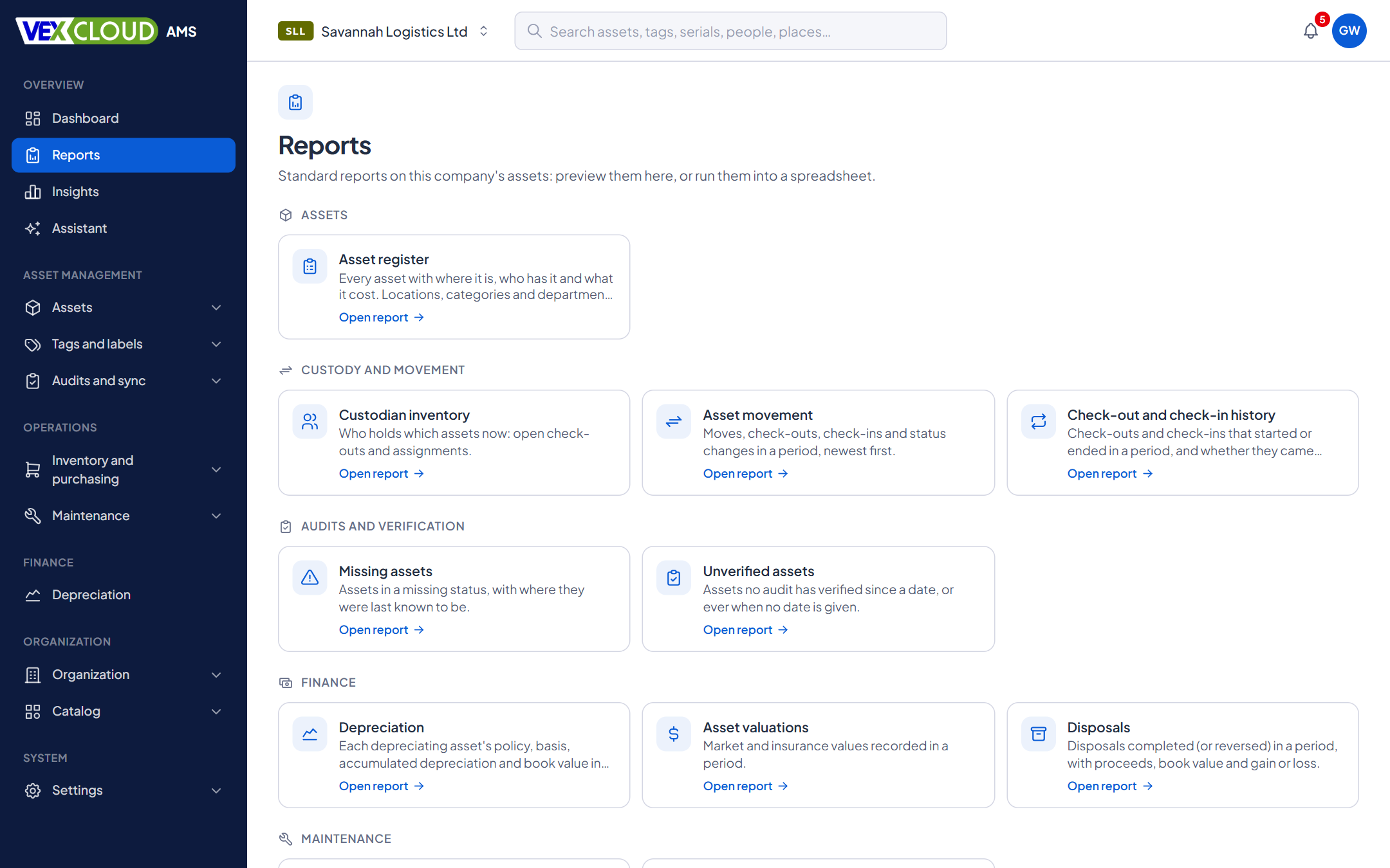 The Reports page in VexCloud AMS: standard reports grouped as assets, custody and movement, audits and verification, finance and maintenance