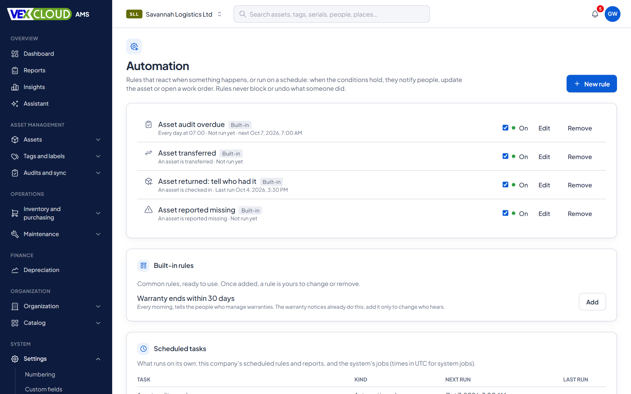 The Automation page in VexCloud AMS, with built-in rules such as asset audit overdue and asset transferred, each switched on
