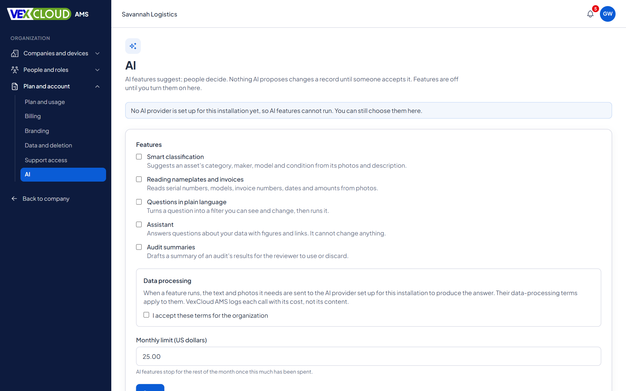 The AI settings page in VexCloud AMS, where an organization turns features on, accepts terms and sets a monthly limit
