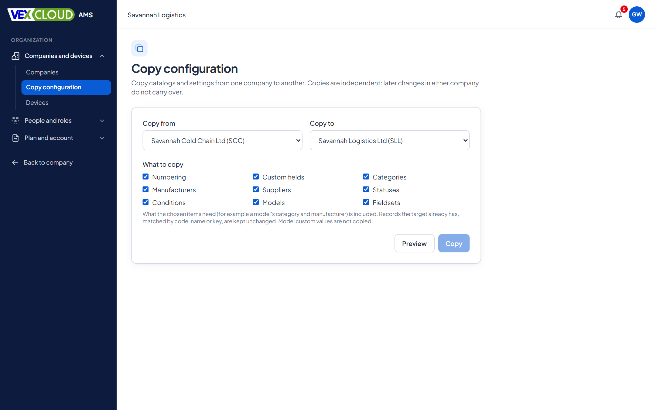 The Copy configuration page in VexCloud AMS, for carrying settings from one company to another